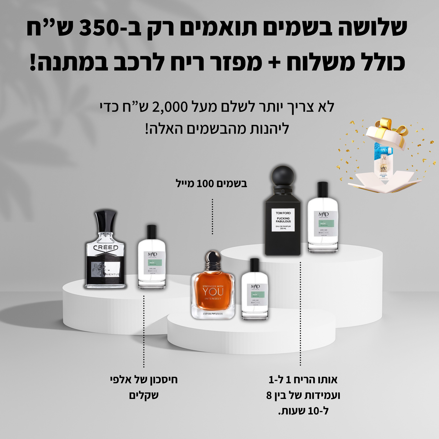 שלושה בשמים ב-350 ש"ח כולל משלוח + מפזר ריח לרכב במתנה.