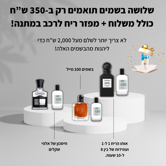 שלושה בשמים ב-350 ש"ח כולל משלוח + מפזר ריח לרכב במתנה.